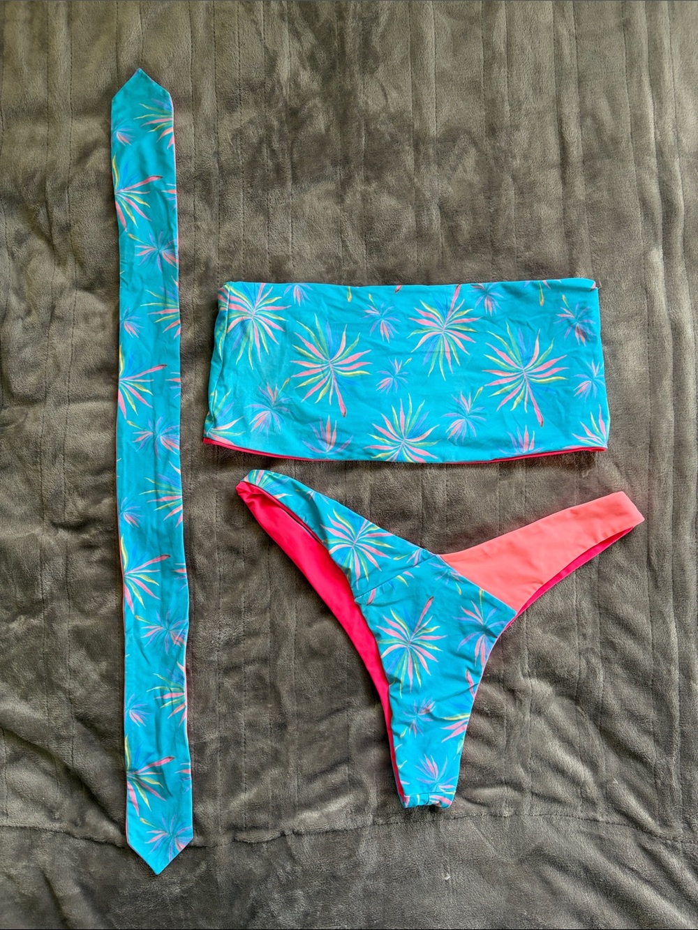 Girls Teal Tropical Print Bikini Set with Pink Trim and Matching Strap XL